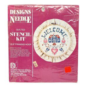 Unused Vintage Stencil Kit House Welcome 5006 in 8in Framing Hoop, Quilted Desig